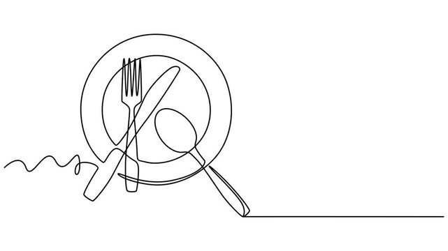 Self drawing animation of one continuous line plate, knife and fork. 4K video animation with alpha channel, Spoon, fork and knife continuous one line drawing minimalist style animation video, Spoon, 