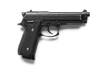 Obraz premium Gun violence and crime prevention, black semi-automatic handgun for self defense or law enforcement security isolated on a clean white background