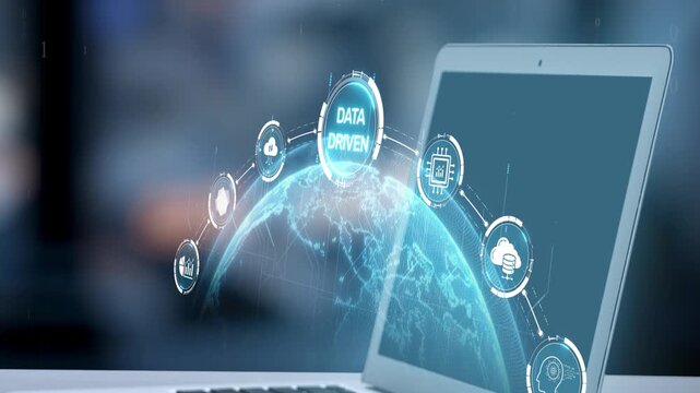 A modern laptop showcases a data-driven technology theme with digital icons, illustrating global connectivity and innovative analysis against a soft-focus background. Salient