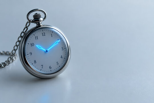 Aging research supports longevity through classic silver pocket watch with glowing blue hand and chain