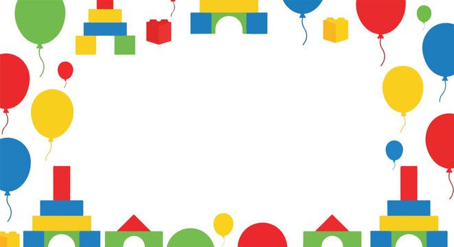 A bright colorful border vector decorated with balloons and toy building blocks framing a blank white center space.