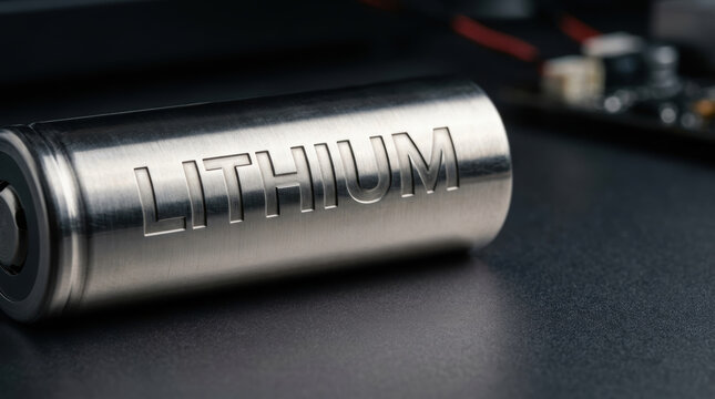 Lithium battery technology supports electric vehicle power storage with metallic cylindrical cell resting on dark electronic surface