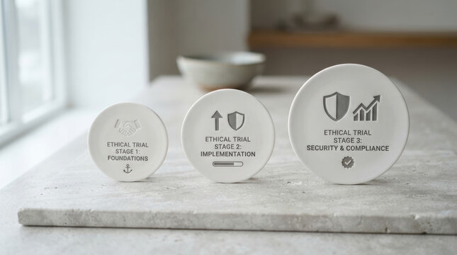 Ethical trial neuroscience research ethics stages shown on ceramic disks for medical security and compliance