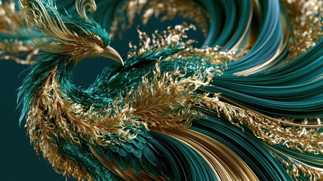 Legendary Eastern Phoenix Coiling in Gold Wire Art