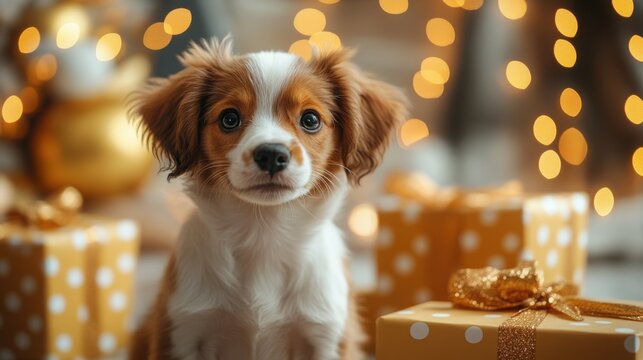 A playful puppy nestles among colorful birthday presents, adding charm to the cozy atmosphere filled with soft, warm light and a sense of celebration.