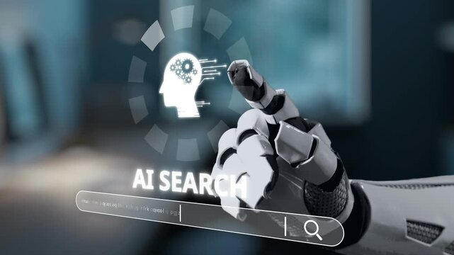 A futuristic robotic hand interacts with an AI search interface, showcasing a digital brain and data representation in a modern workspace environment, highlighting innovation and technology. Salient