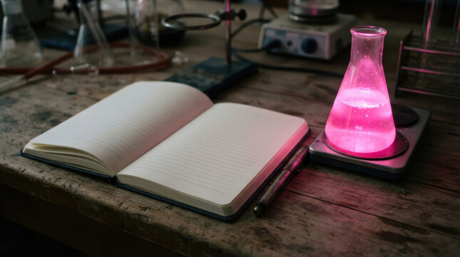 Biotech patent disputes inspire scientific research beside glowing pink flask and open laboratory notebook on workbench