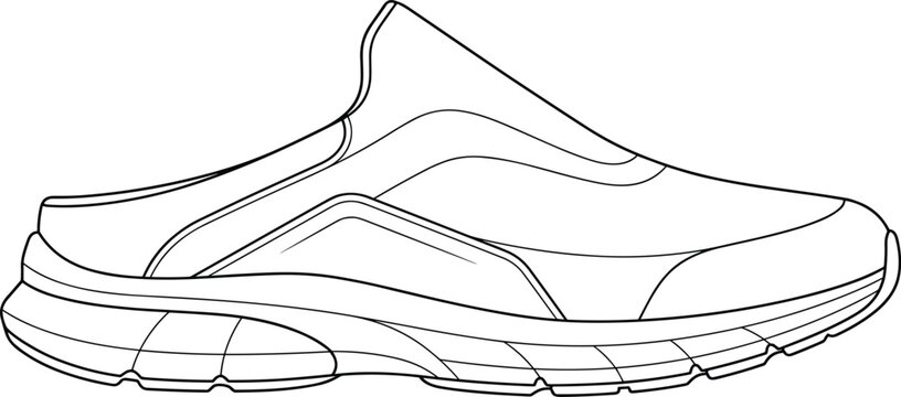 Black and white line art illustration of backless slip-on mule sneaker flat sketch for footwear design