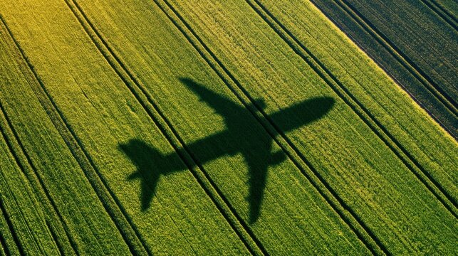 Aerial view of airplane shadow casting over lush green agricultural field in golden hour light