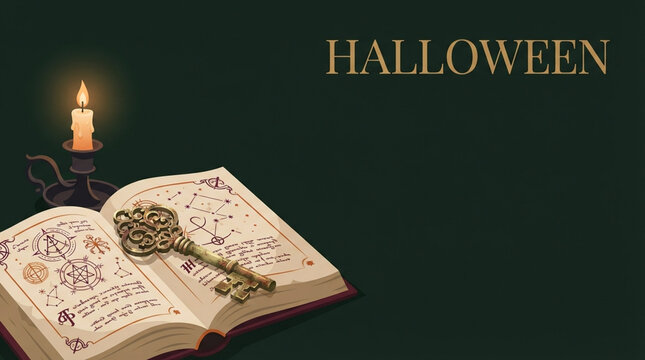 An open antique spell book with a golden key and a lit candle for Halloween.
