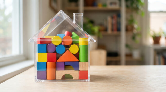 Affordable housing challenge with colorful wooden block house model expressing childhood creativity and thoughtful hope for family shelter