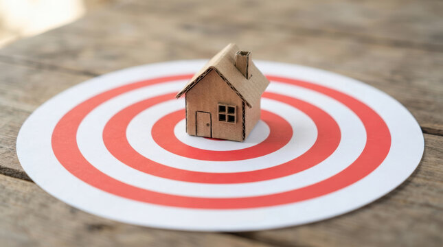 Affordable housing challenge concept with small wooden house centered on red and white target symbolizing focused housing goals