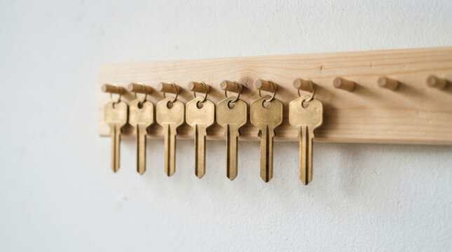 Brass key collection on wooden rack highlights affordable housing challenge through secure access and everyday home organization