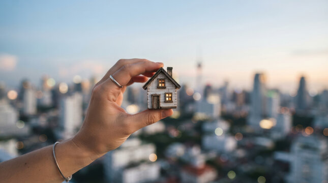 Affordable housing challenge symbolized by hand holding miniature house against urban cityscape with hopeful expression
