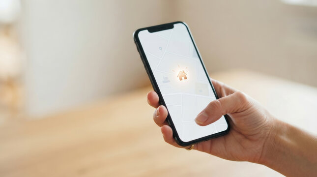 Mobile phone navigation map held by hand highlights affordable housing challenge for home search and urban living needs