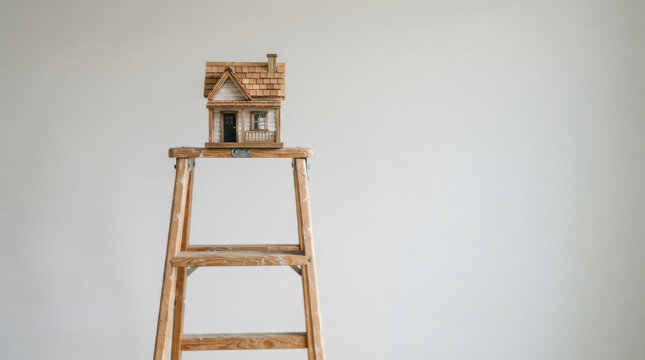 Wooden ladder miniature house affordable housing challenge with rustic model home balanced on ladder against neutral background