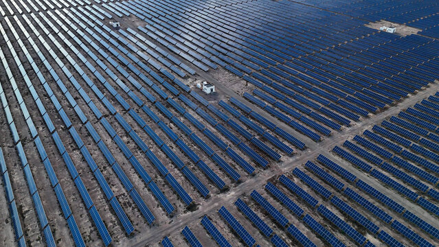 aerial view of large solar power photovoltaic station