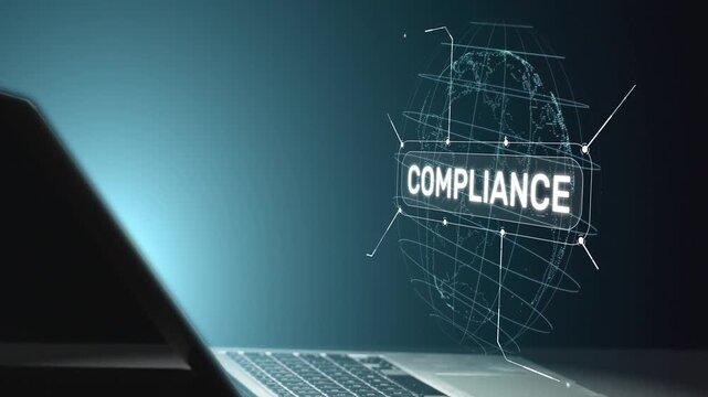 A robotic hand points towards compliance concepts on a digital display, representing the intersection of technology and regulatory frameworks in modern business. Salient