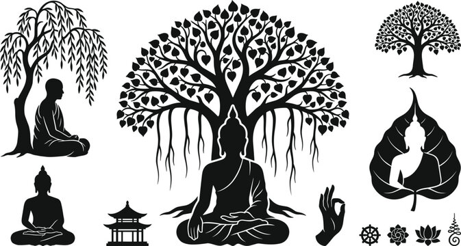 Spiritual meditation Buddha silhouette set featuring sacred bodhi tree, zen lotus flower, and pagoda vector