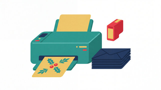 Flat vector illustration of a green printer printing a seasonal holiday card with holly leaves next to envelopes and ink.
