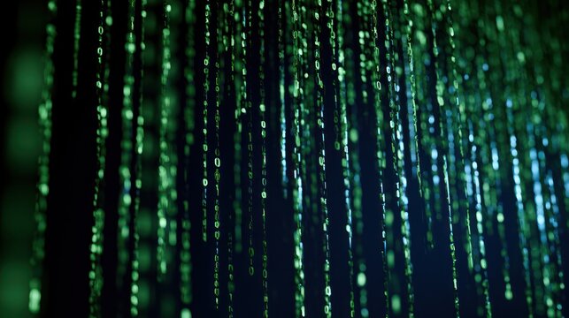Digital rain of binary code descending in green and blue hues