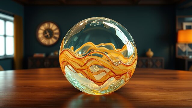 Glass orb sits upon wooden surface. Interior features swirling orange, yellow patterns. Room background includes clock, furniture.