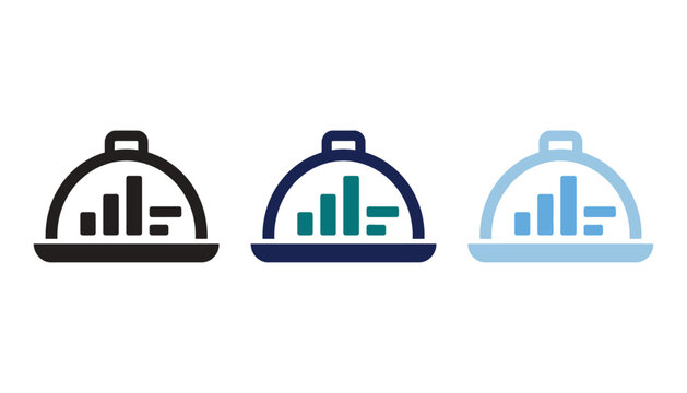 Set of food cloche icons with bar chart inside, restaurant data analysis concept, vector illustration