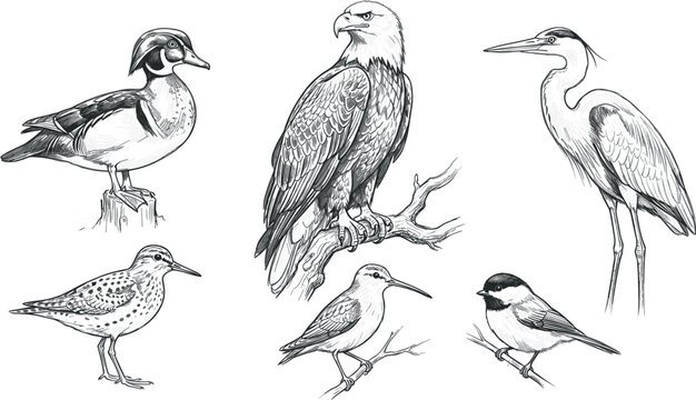 Vintage black and white bird vector sketch set featuring bald eagle wood duck heron chickadee and sandpiper illustrations isolated on white background