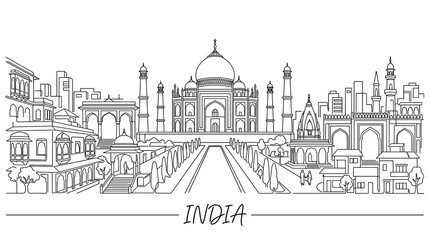 Obraz premium India Skyline Panorama - Taj Mahal Landmark Line Art