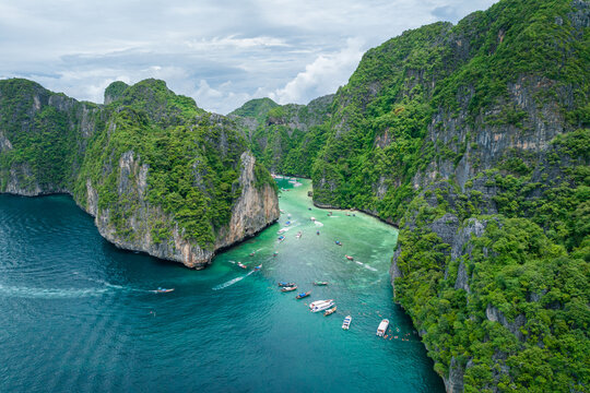 Aerial view of the natural scenery of Pileh Lagoon on Phi Phi Leh, Krabi, Thailand