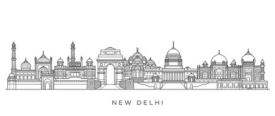 Obraz premium New Delhi Skyline, India - Line Art Illustration of Famous Landmarks