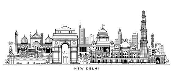 Obraz premium New Delhi Skyline, India Landmarks Line Art Illustration
