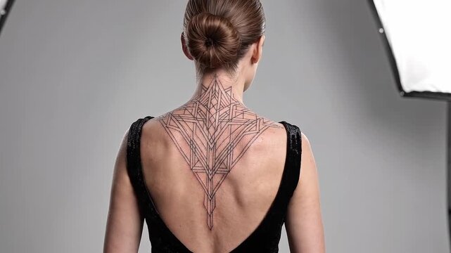 Woman displays a geometric tattoo spanning her back and neck. Intricate body art design showcased in a professional studio.