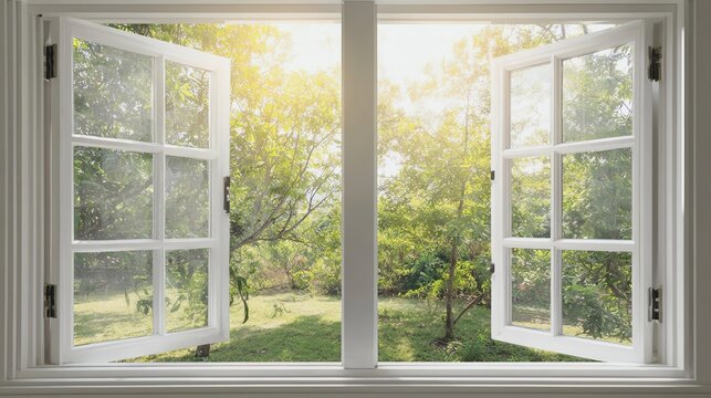 Sunlit view through open window with greenery.