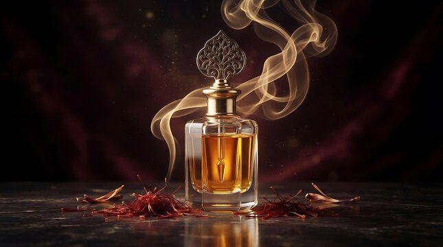 Luxury perfume bottle with saffron threads and aromatic smoke on dark background