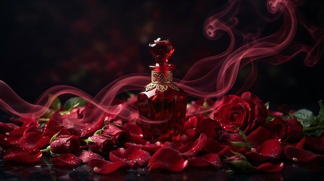 Red perfume bottle surrounded by rose petals with swirling smoke on black background