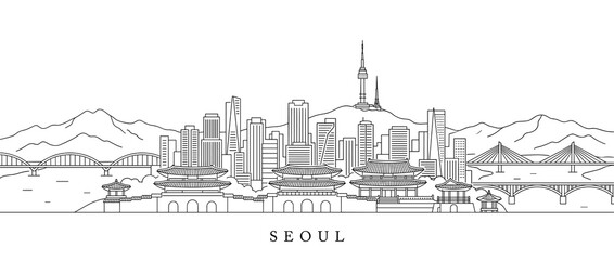 Obraz premium Seoul skyline illustration, iconic landmarks, line art, cityscape, South Korea