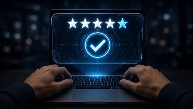 Five Star Quality Rating Hologram with Checkmark for Customer Satisfaction Concept