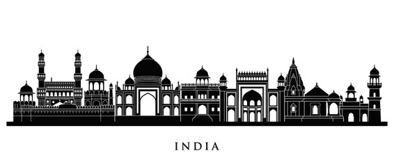 Obraz premium Indian Architecture Skyline Silhouette - Taj Mahal, Mosques, Temples