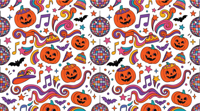 Halloween disco pumpkin pattern with groovy jack o lantern vectors for hero illustration