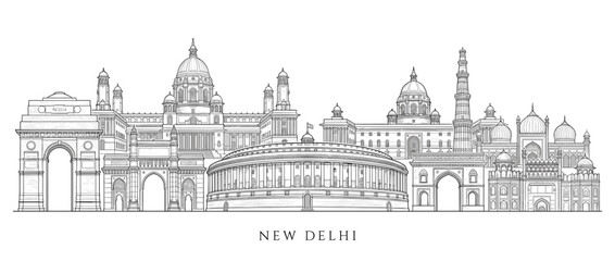 Obraz premium New Delhi skyline illustration. Indian landmarks drawing, black and white cityscape.