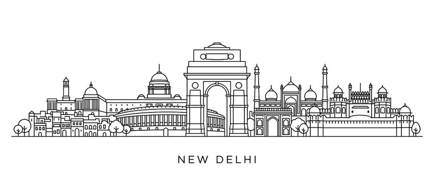 New Delhi Skyline: India Gate, Parliament, and Mughal Architecture Line Art