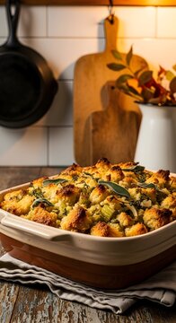 Thanksgiving stuffing in a ceramic baking dish on a rustic kitchen counter with copy space