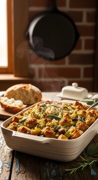 Thanksgiving stuffing in a ceramic dish with steam on a rustic wooden table with copy space