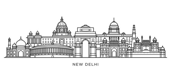 Obraz premium New Delhi Skyline Outline - India Gate, Government Buildings