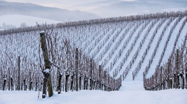 Vineyard in winter covered with snow, rows of dormant grapevines in a peaceful rural landscape, scenic agricultural photography