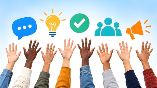Diverse multiethnic group of raised hands reaching toward glowing communication and idea icons representing community feedback brainstorming consensus public voting and collaborative teamwork