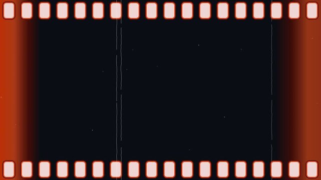 35mm Motion Picture Film Strip Matte with Top and Bottom Sprocket Perforations, Red Edge Glow, and Projector Scratches for Retro Video Edit