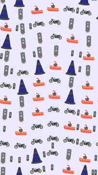 Pattern of Traffic Cones, Boats, Motorcycles, and Traffic Lights