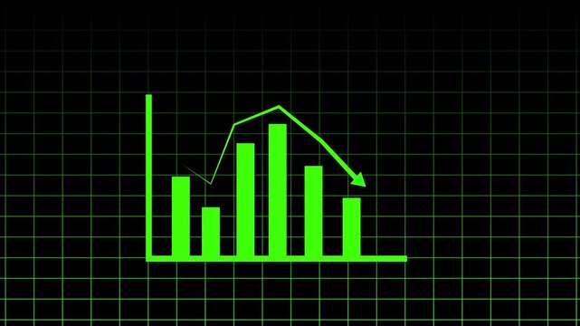 Green bar graph showing decline with grid background during financial analysis on black
